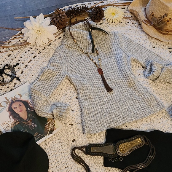 SWEATER GRAY BLACK WITH LEATHER TRIM RIBBED SIZE M - Picture 9 of 16